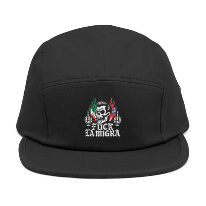 Fuck La Migra Hat Embroidered 5-Panel Cap — Skull with Mexican Flag Accent (Explicit Text)