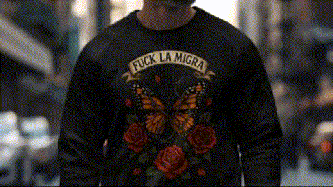 A person wearing a black sweatshirt with a graphic design of a butterfly and roses printed on it.