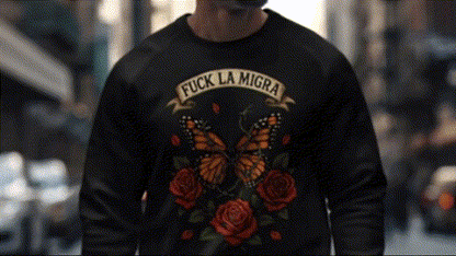 A person wearing a black sweatshirt with a graphic design of a butterfly and roses printed on it.