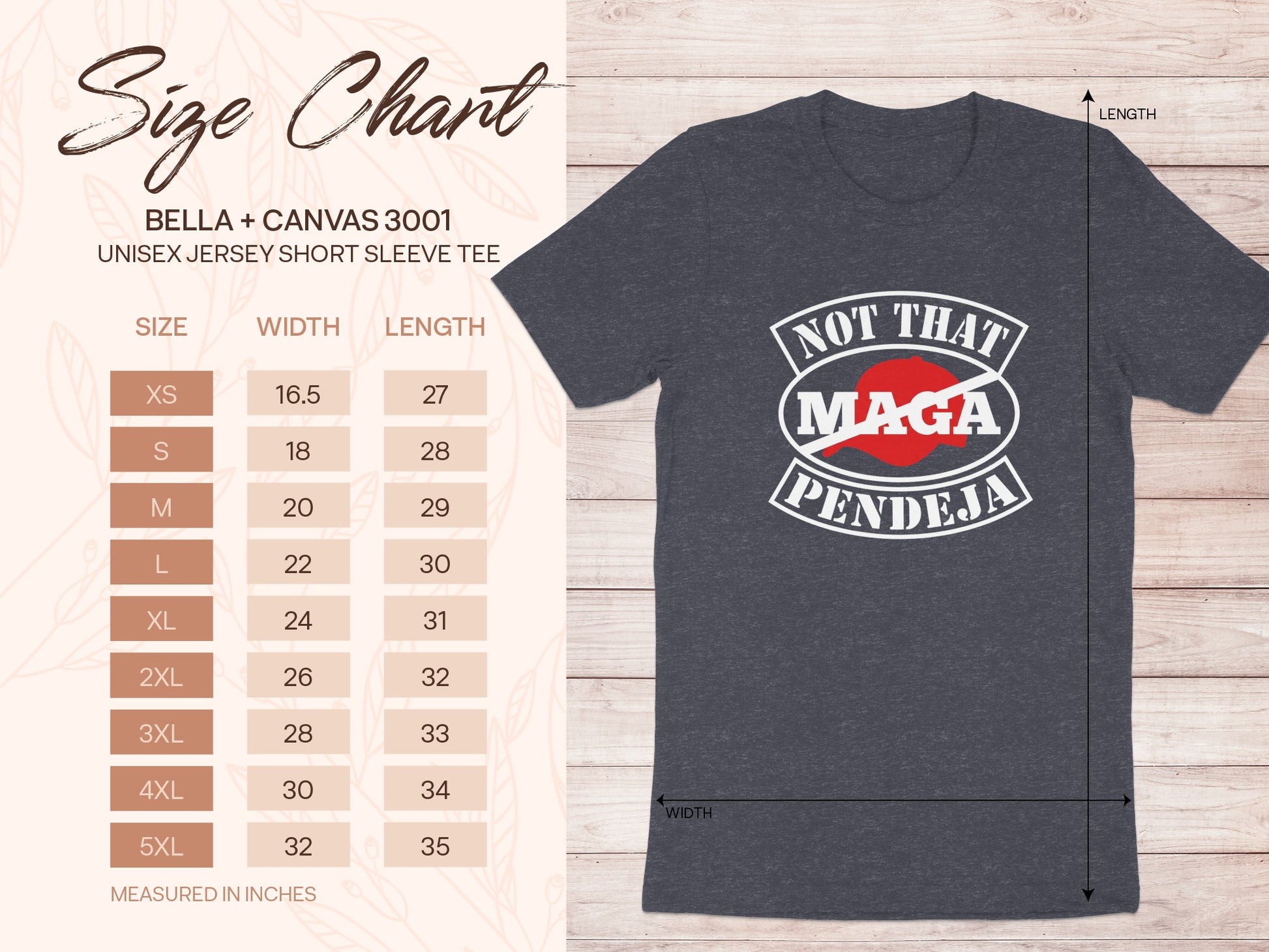 Size chart for Bella + Canvas 3001 unisex t-shirt with measurements.