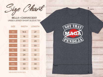 Size chart for Bella + Canvas 3001 unisex t-shirt with measurements.