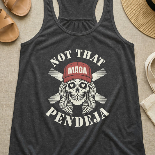 Dark gray tank top with skull wearing MAGA hat and text "NOT THAT PENDEJA".