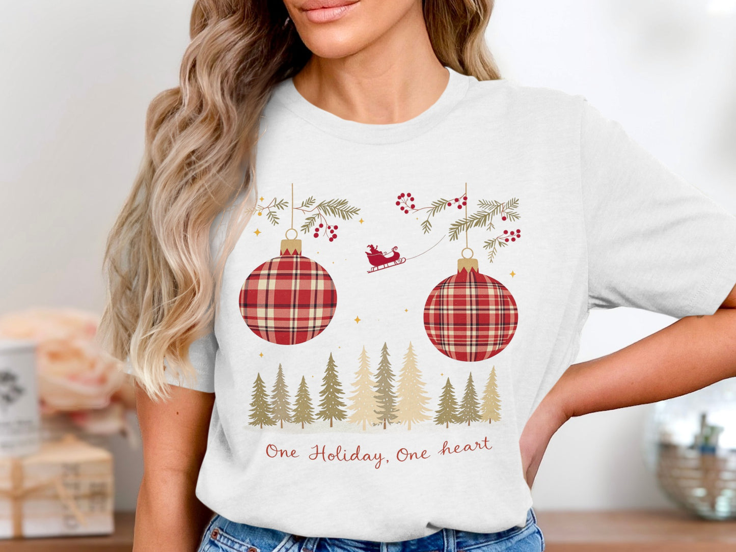 Festive Holiday Graphic Tee with Ornaments Design