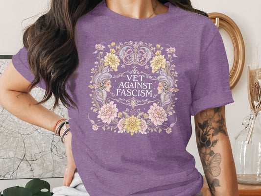 Vet Against Fascism Floral Design T-Shirt