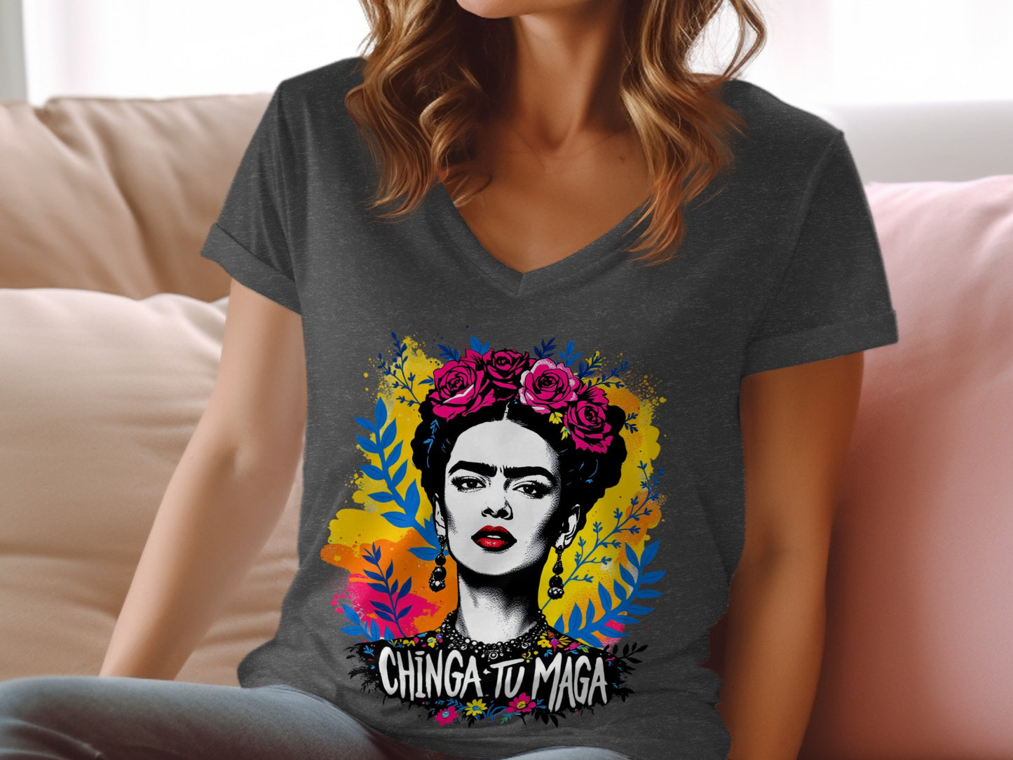 Colorful Chinga Tu Maga Graphic V-Neck T-Shirt
