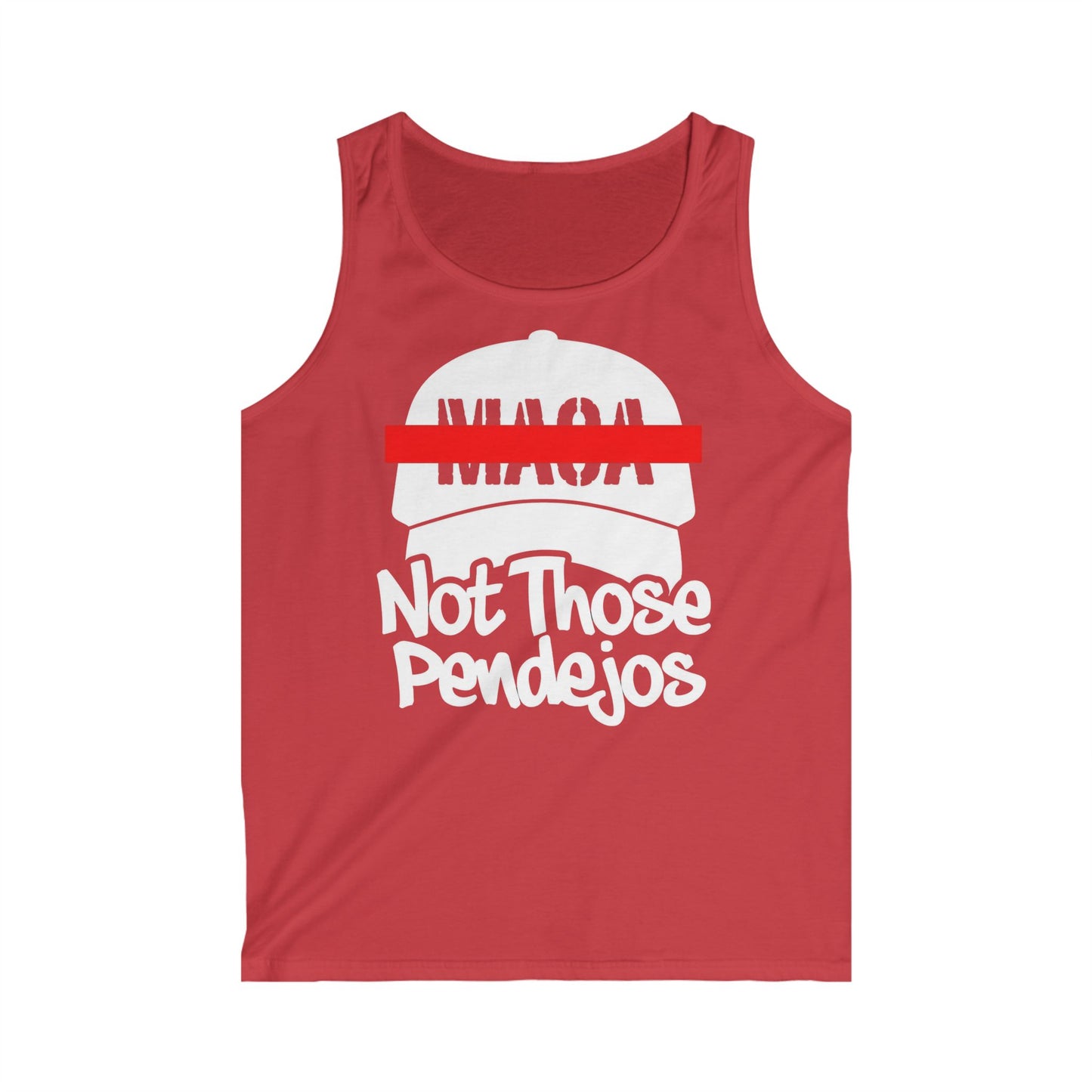 Red tank top with "MAGA Not Those Pendejos" text.