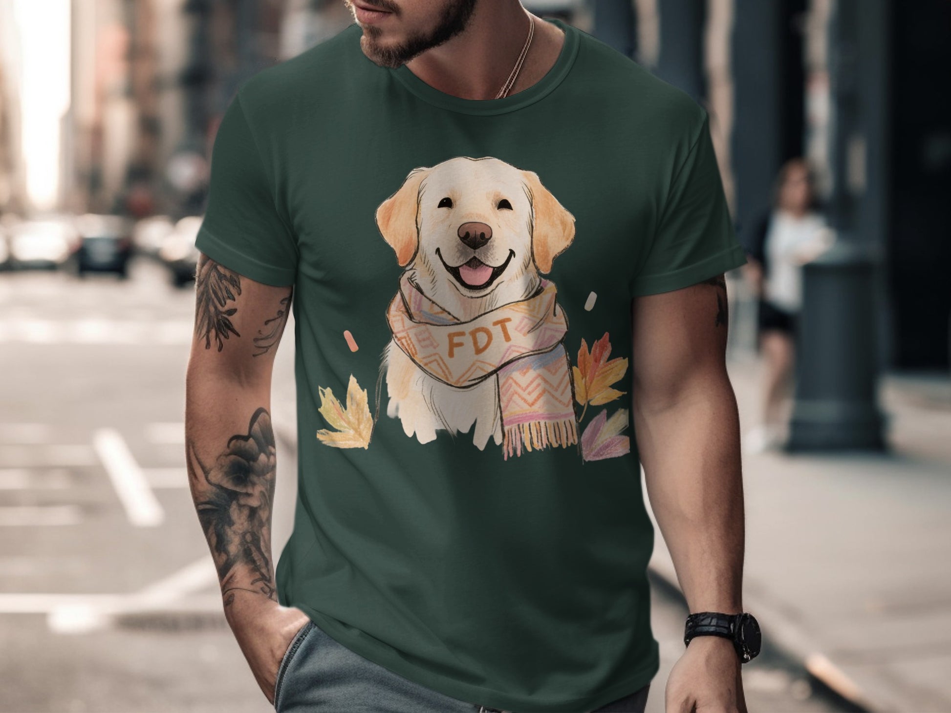 Happy Dog Wearing Scarf Autumn Leaves Design Shirt