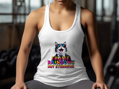 I Raise Rainbows Not Eyebrows Cat Graphic Tank Top product type
