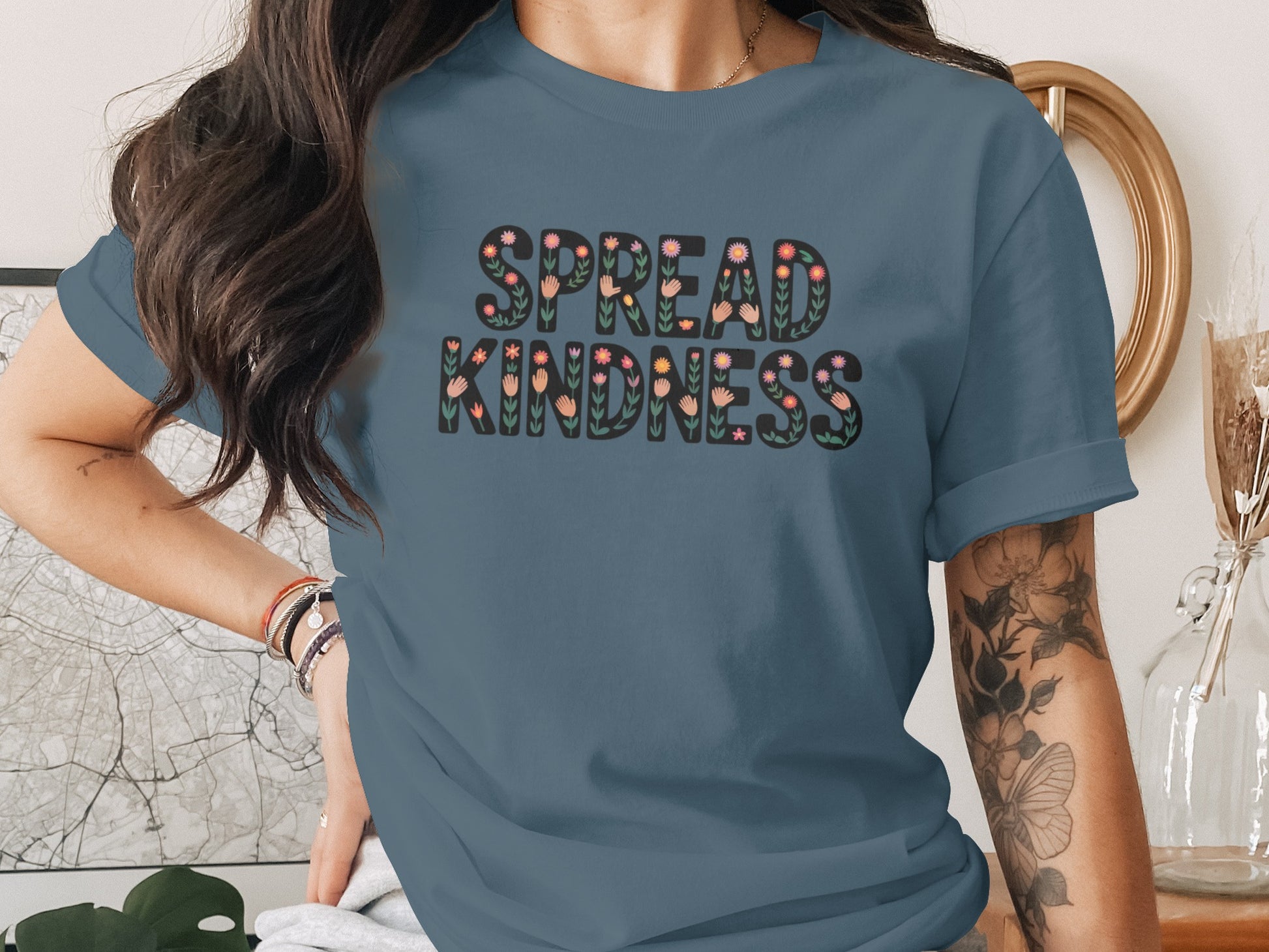 Spread Kindness Graphic Teal Shirt with Floral Design