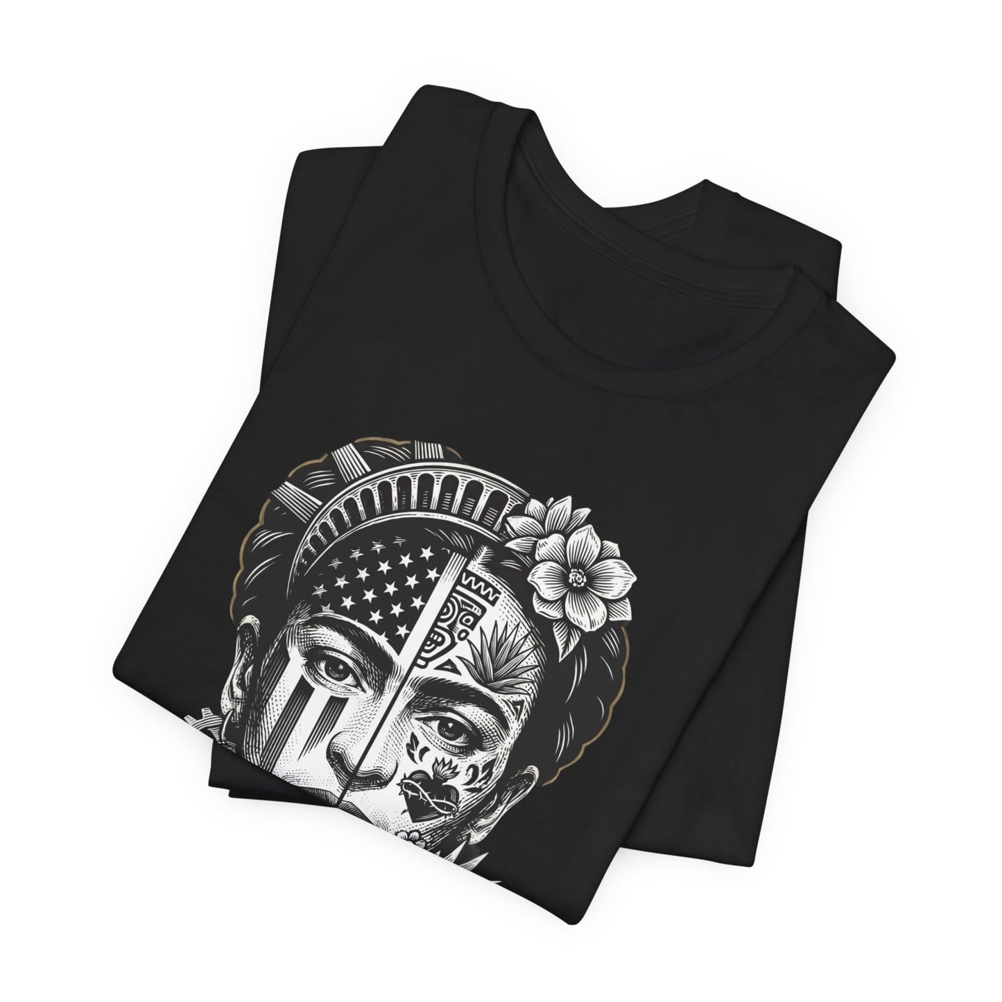 Black t-shirt with half face graphic of woman with flag and floral motifs.