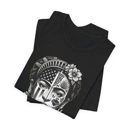 Black t-shirt with half face graphic of woman with flag and floral motifs.
