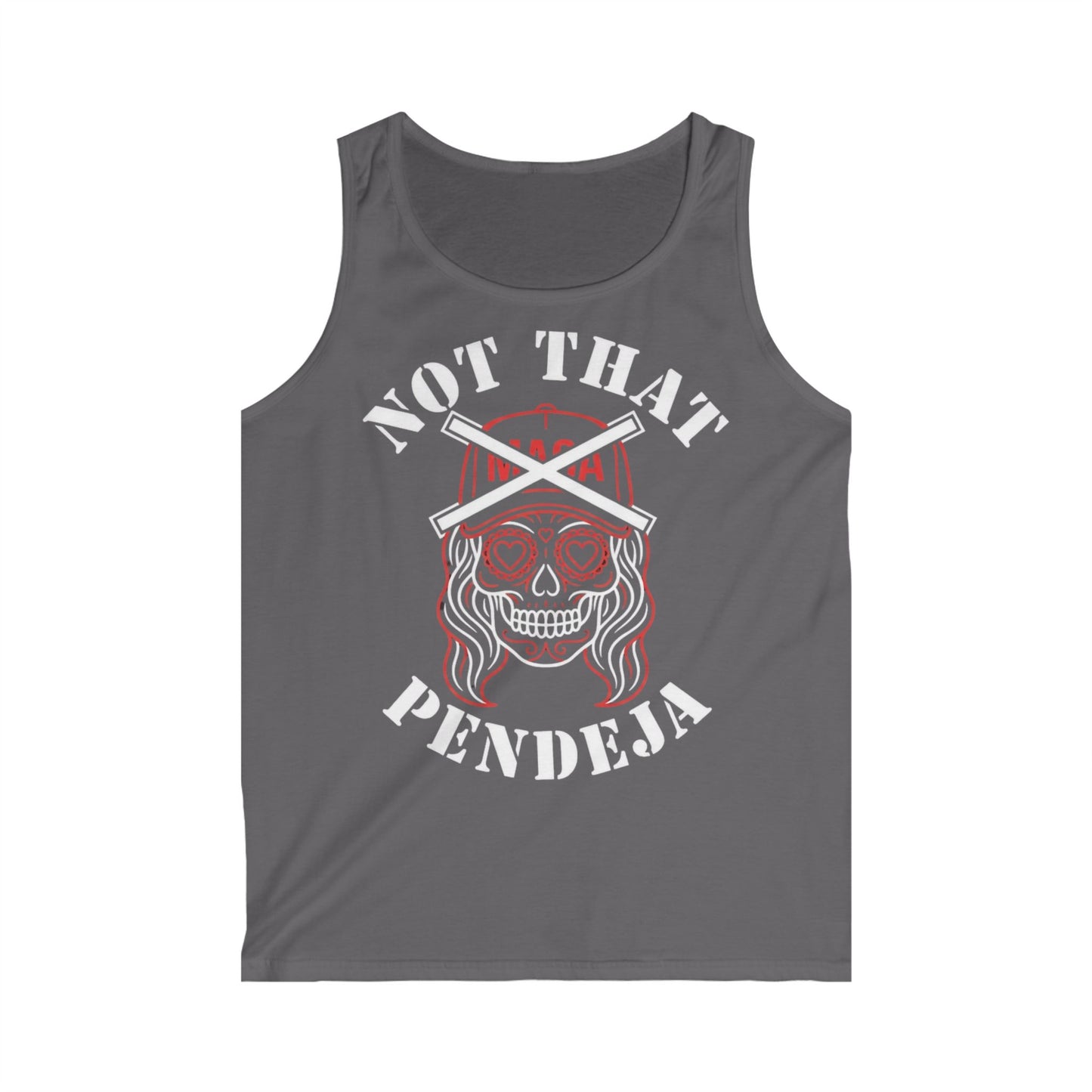 White skull with red swirl eyes and a baseball cap, saying "NOT THAT PENDEJA".