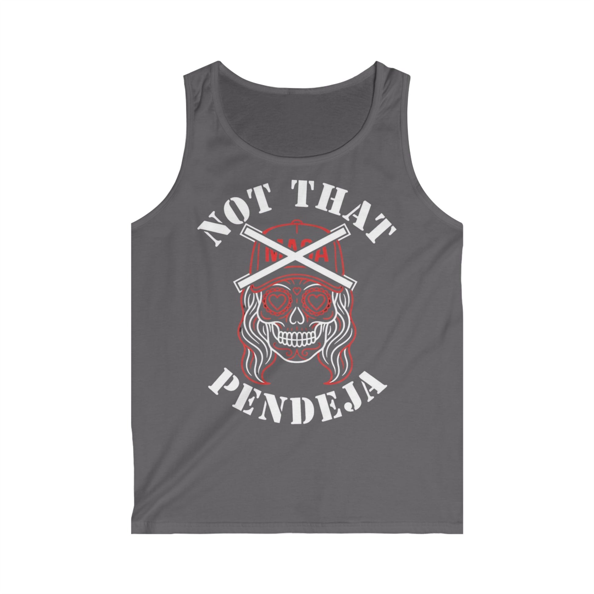 White skull with red swirl eyes and a baseball cap, saying "NOT THAT PENDEJA".