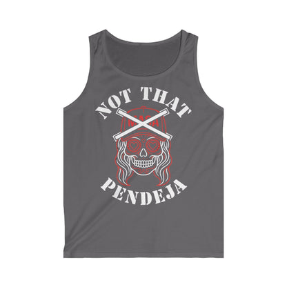 White skull with red swirl eyes and a baseball cap, saying "NOT THAT PENDEJA".