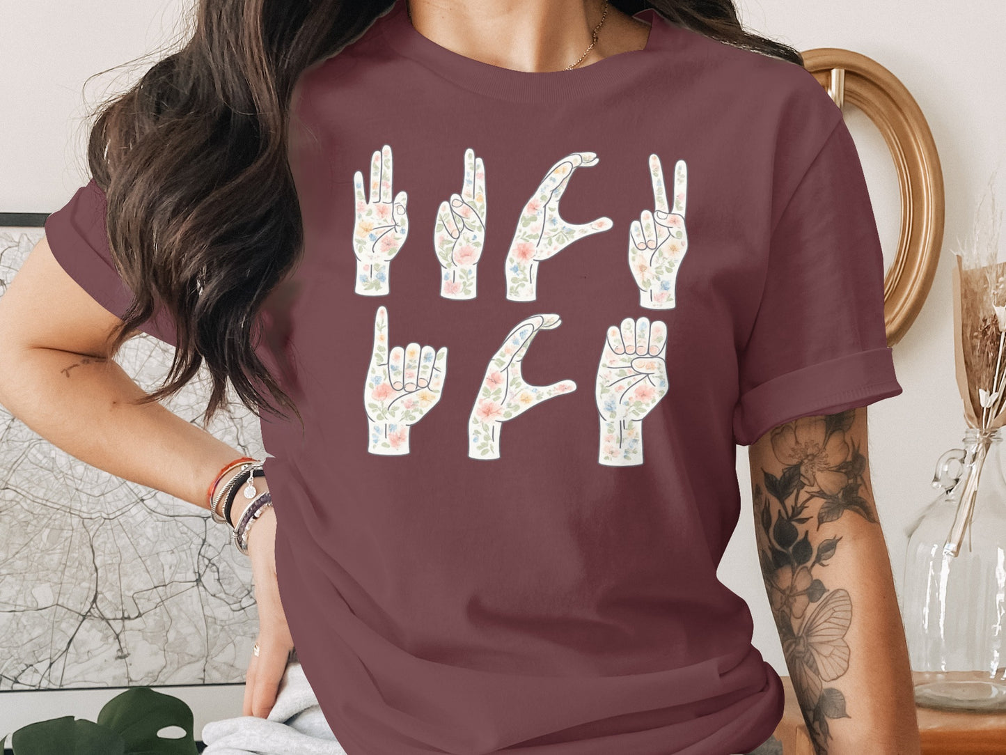Floral Hands Sign Language Graphic T-Shirt