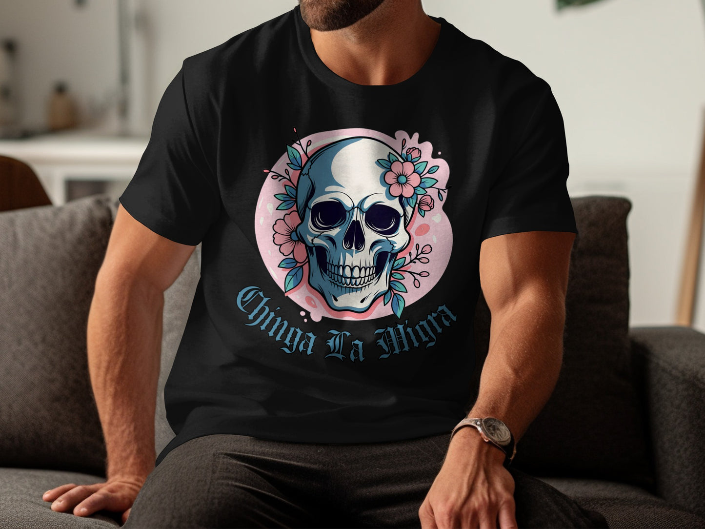 Chinga La Migra Skull With Flowers Graphic Shirt product