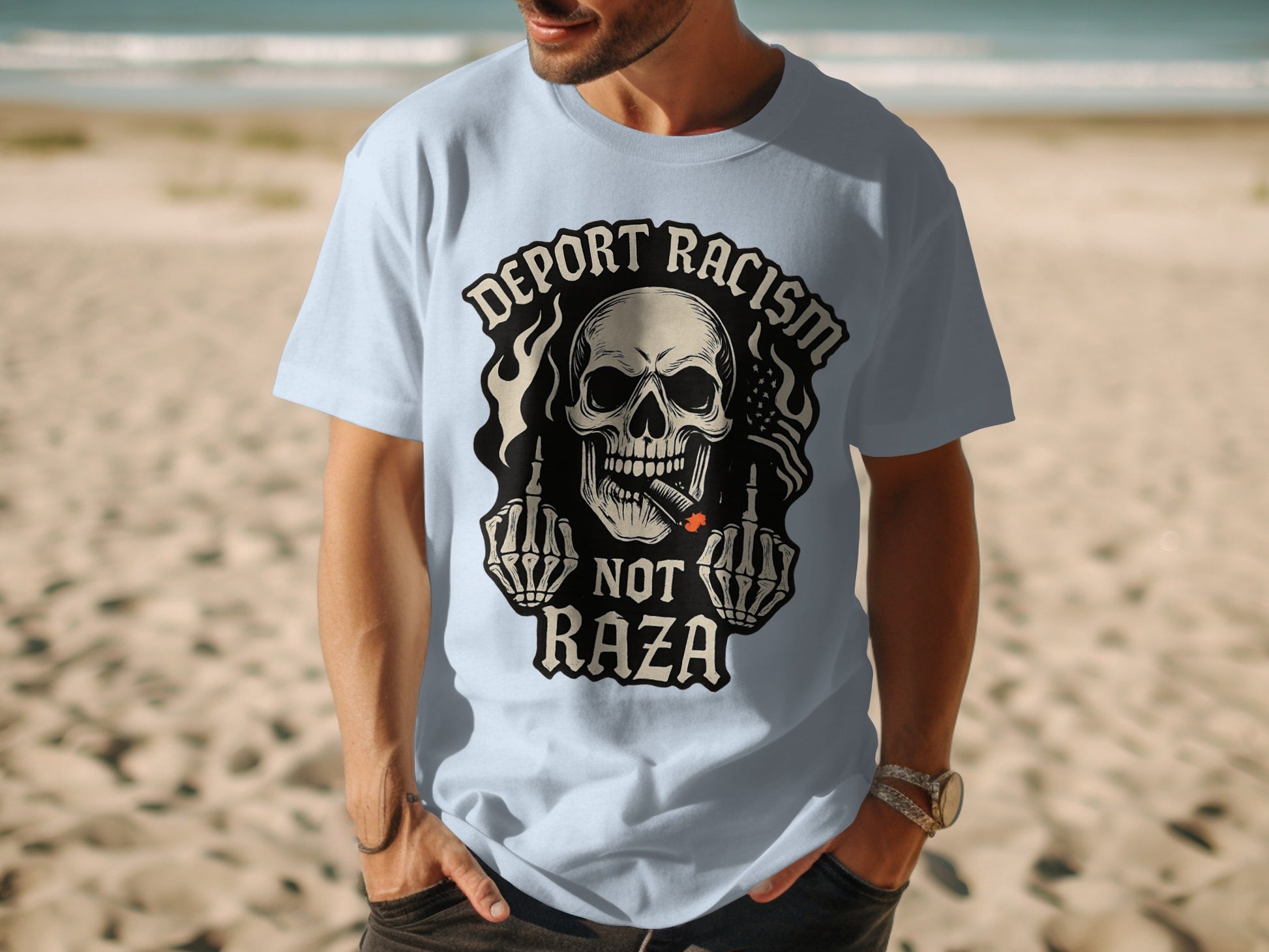 Deport Racism Not Raza Skull Design T-Shirt product