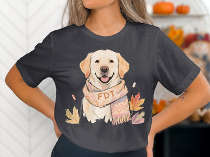 Cute Dog with Scarf Autumn Leaves Print T-shirt