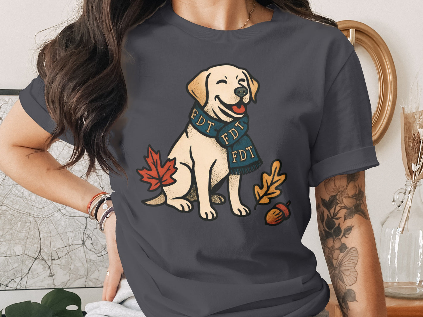 Adorable Smiling Dog with Leaves Graphic Tee