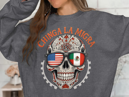 Chinga La Migra Skull Sunglasses Long Sleeve Shirt