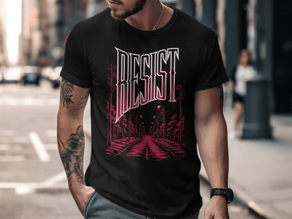 Black t-shirt with "RESIST" in stylized red font and a street scene.