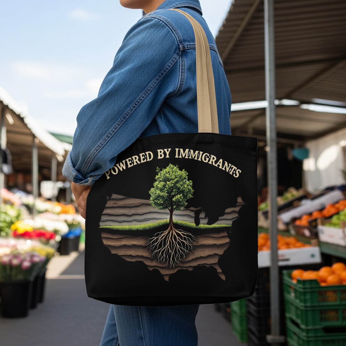 Tote bag with an American map filled with a tree and roots.