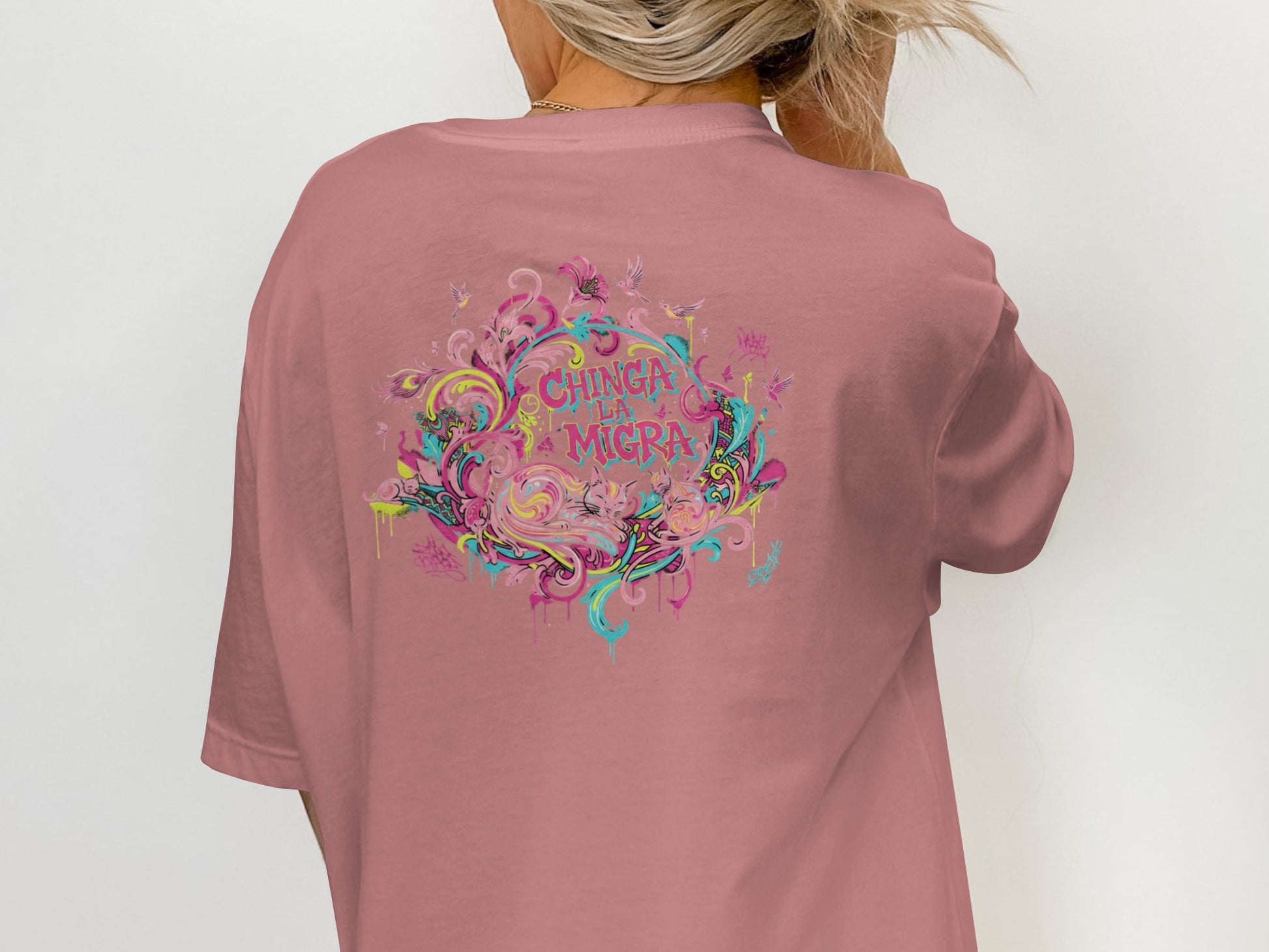 Chinga La Migra Graphic Tee Colorful Floral Artwork