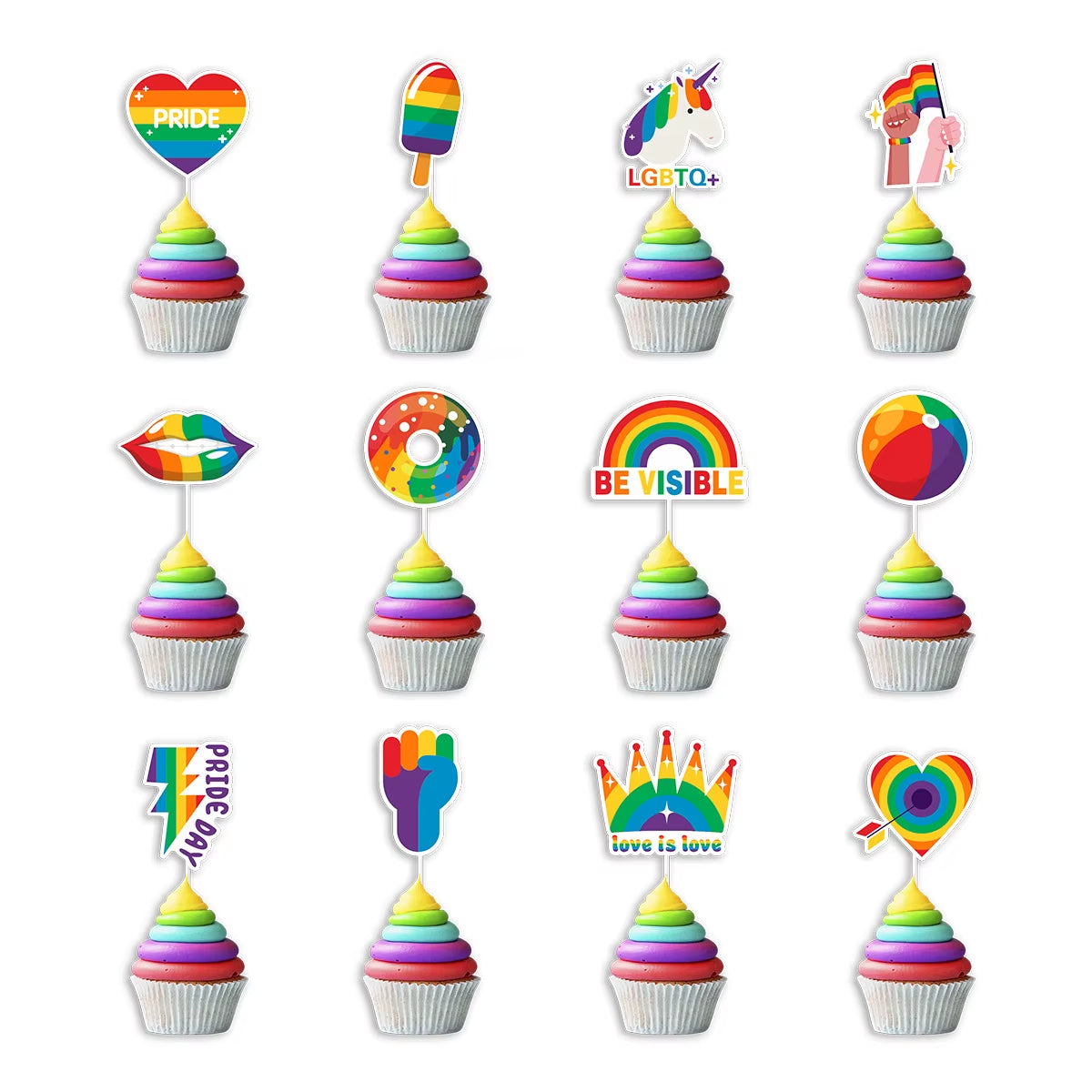 Rainbow Love Is Love Paper Banners and Hanging Swirls Cupcake Toppers for Birthday and Pride Day Celebrations