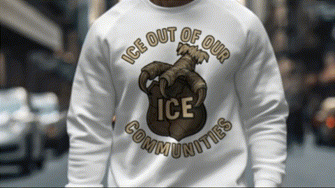 A person wearing a white sweatshirt with a graphic design on it.