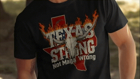 A person wearing a black t-shirt with a graphic design that says "Texas Strong Not Maga Wrong".