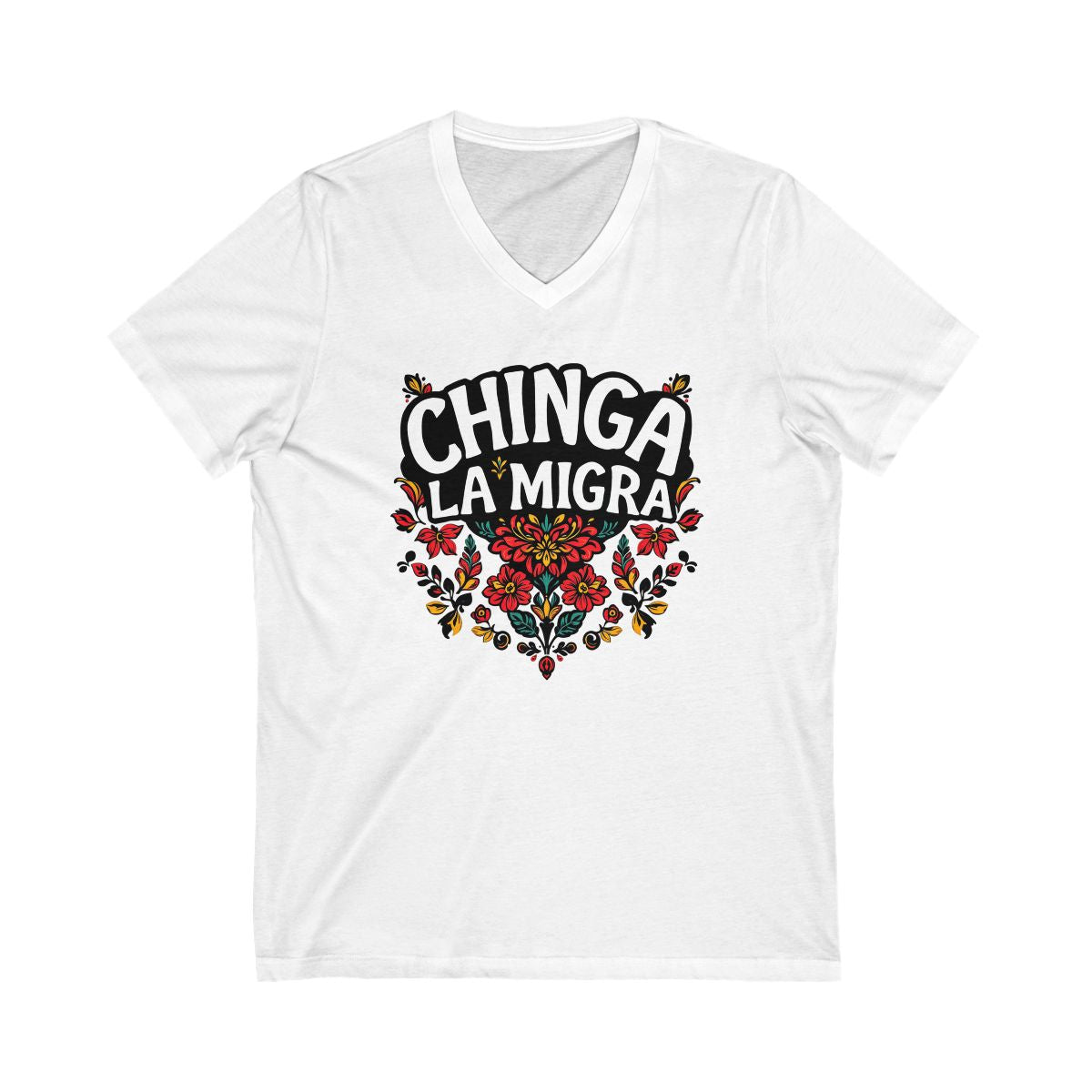 Chinga La Migra Floral Design V-Neck T-Shirt product