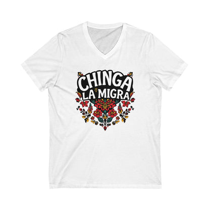 Chinga La Migra Floral Design V-Neck T-Shirt product