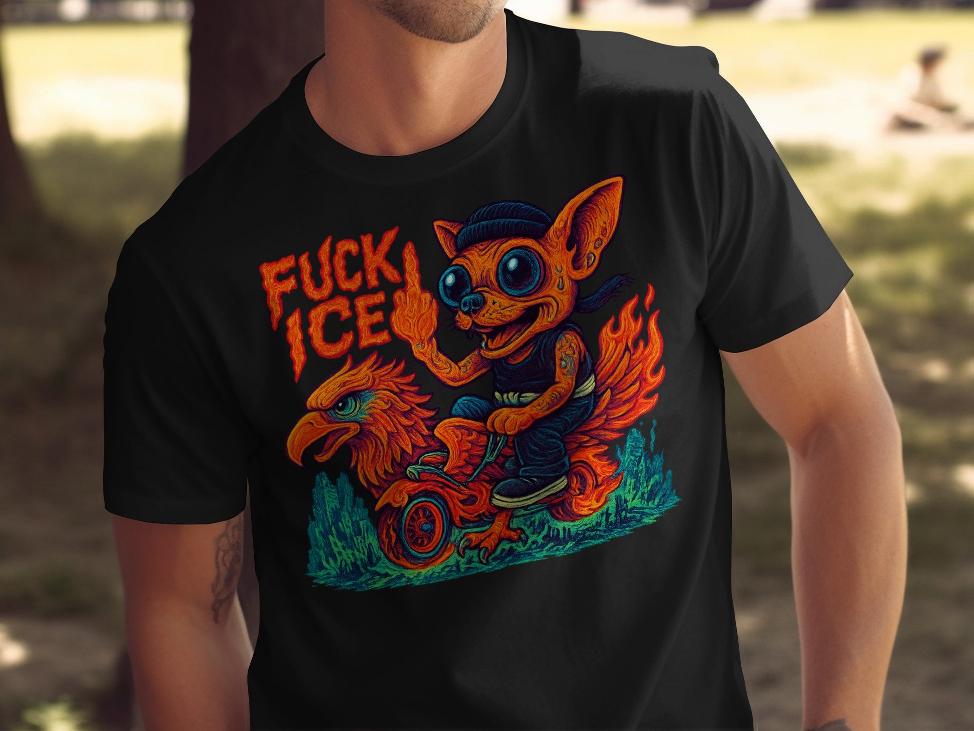 Graphic T-shirt with Cartoon Character Riding Bird product type