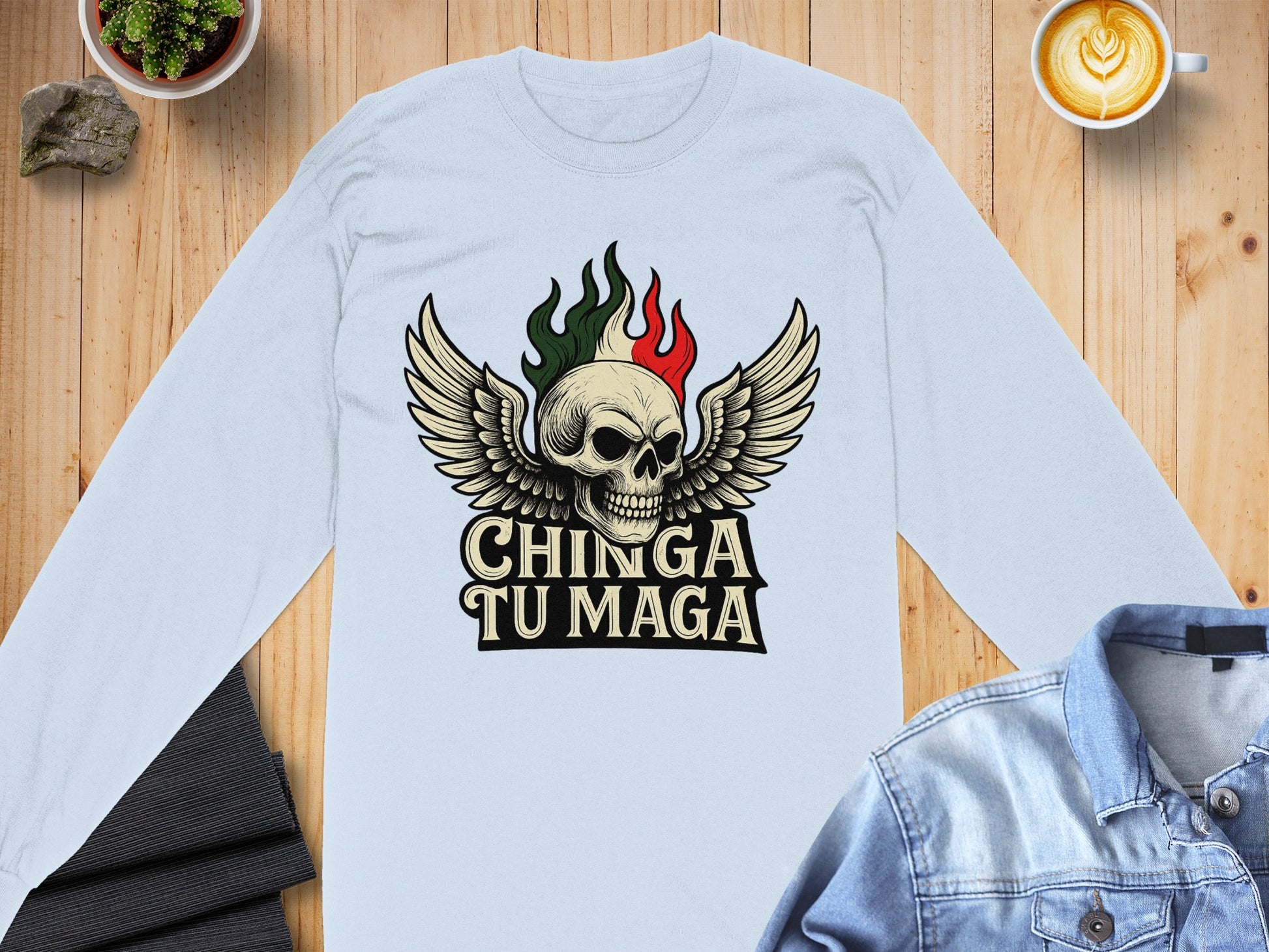 Chinga Tu Maga Skull Design with Wings Long Sleeve Shirt