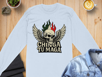 Chinga Tu Maga Skull Design with Wings Long Sleeve Shirt