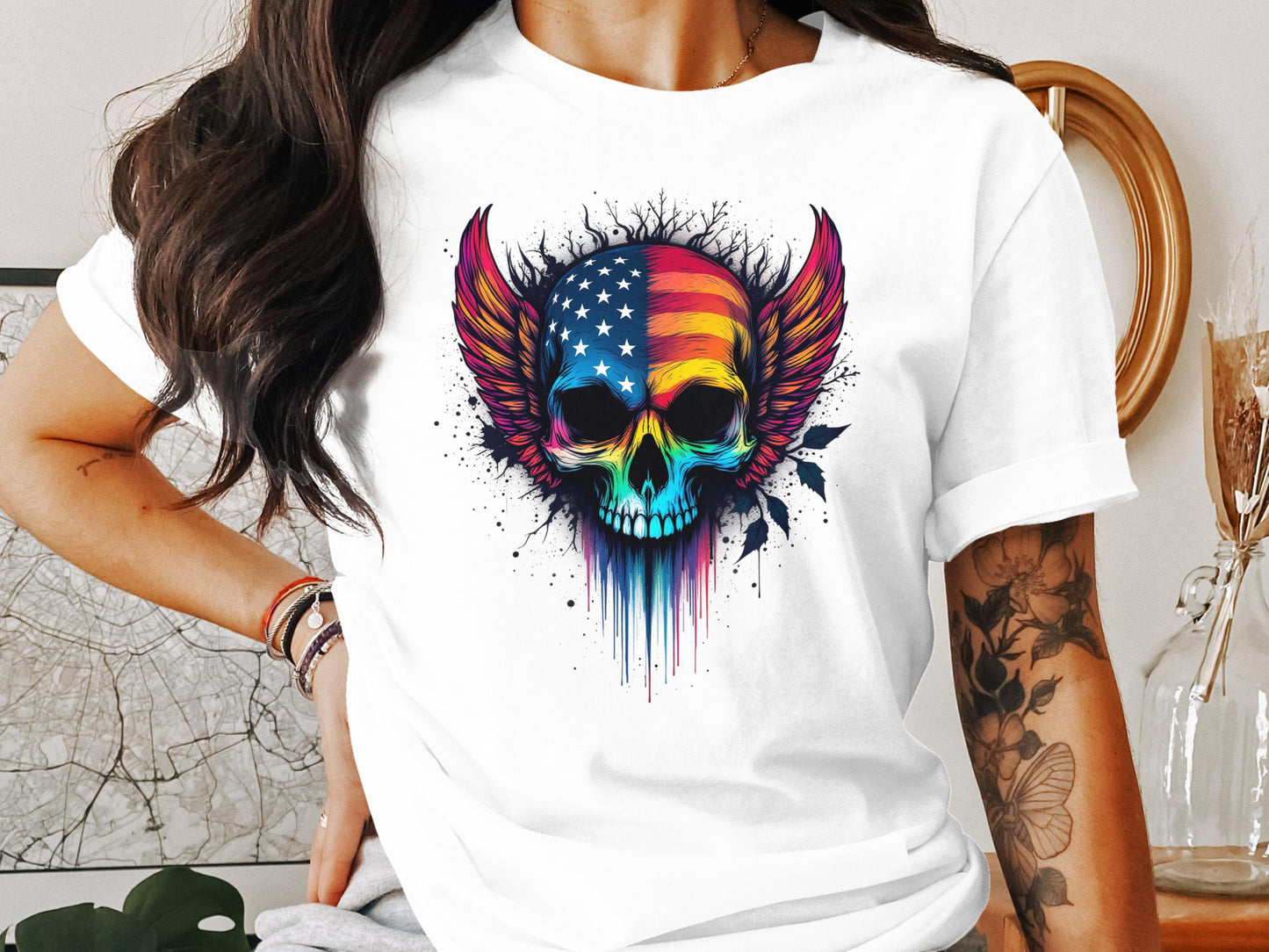 Colorful Skull with American Flag Wings Shirt product