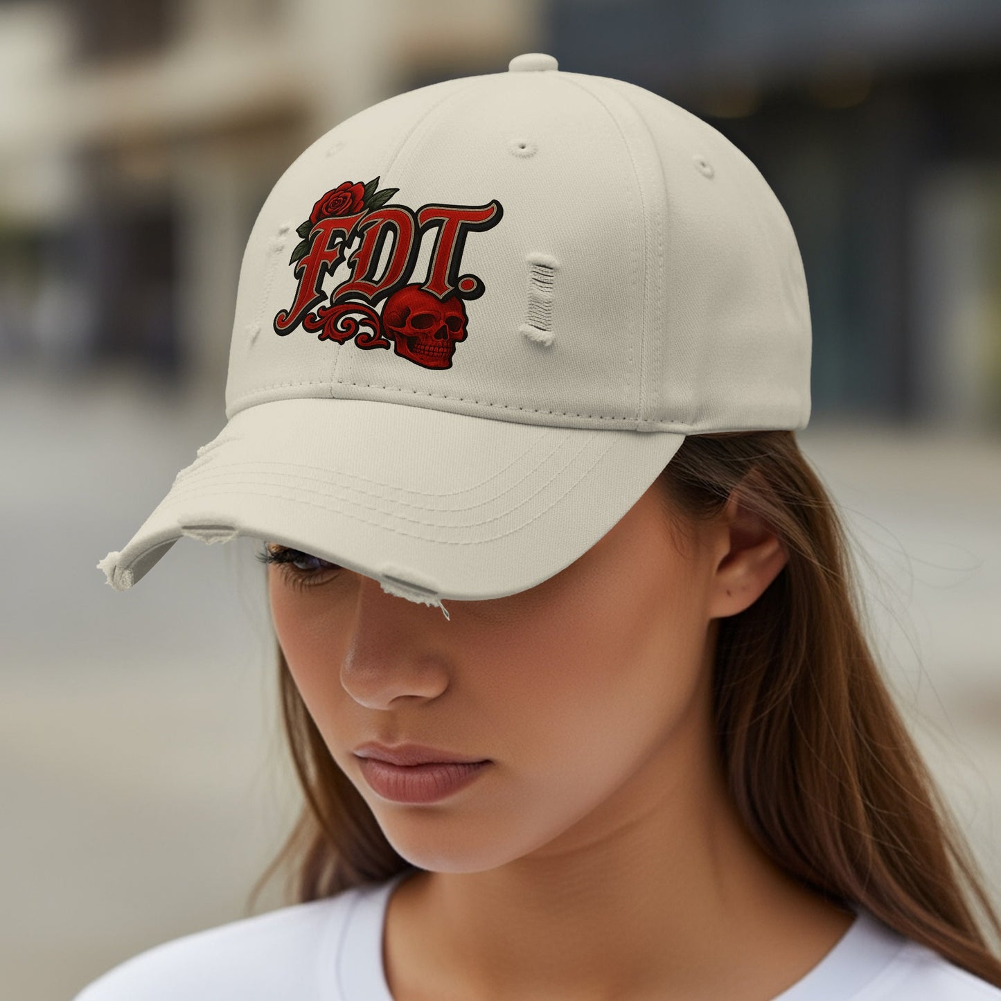 FDT Rose and Skull Design Beige Cap product type