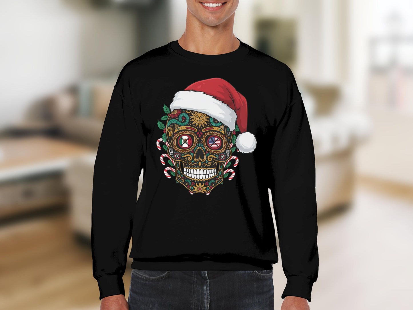 Festive Santa and Skull Graphic Christmas Sweatshirt