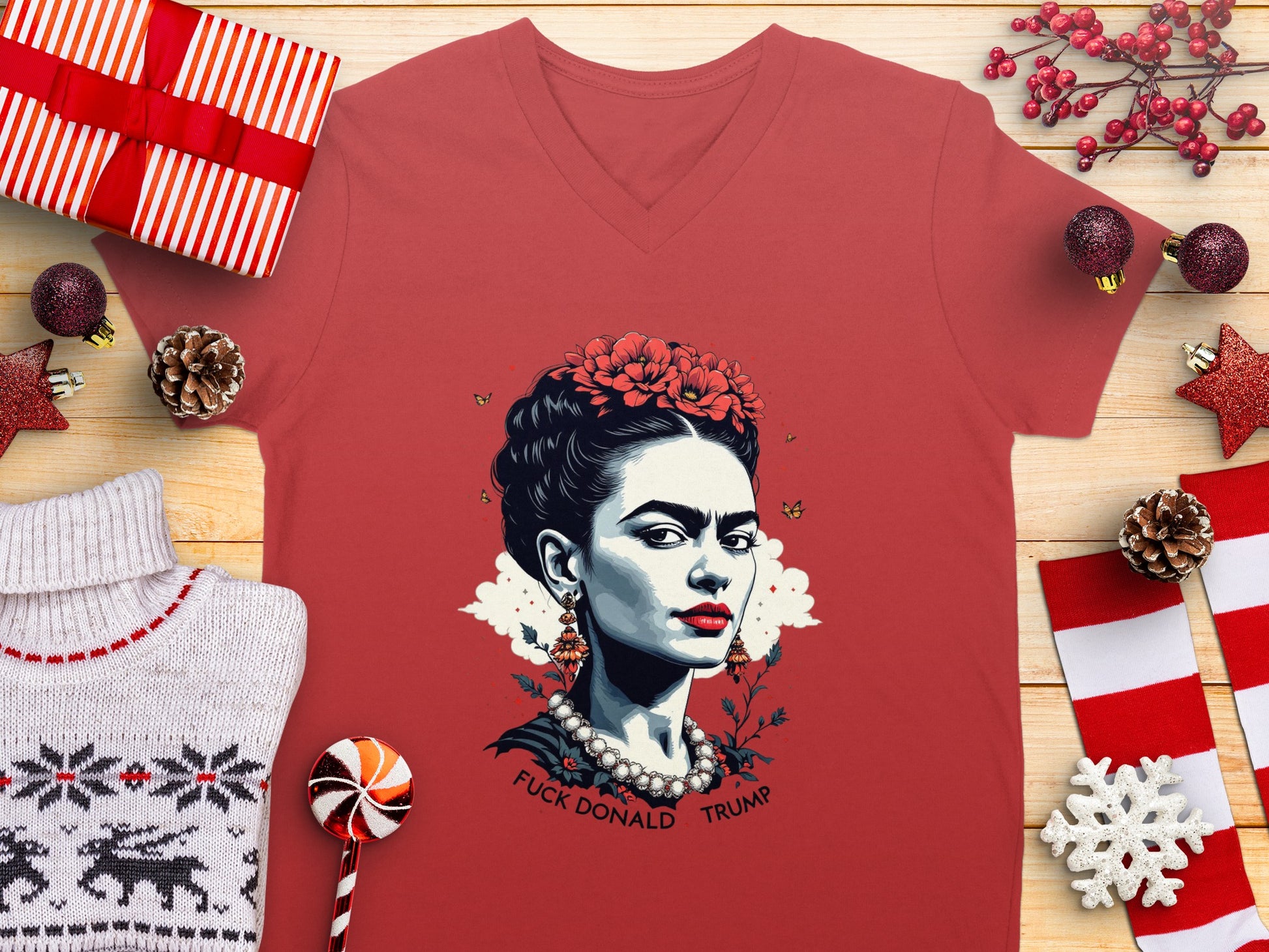 Frida Kahlo Graphic Red V-Neck T-Shirt