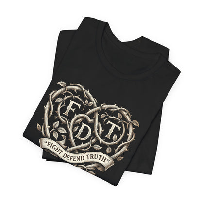 Black t-shirt with "FDT" and "Fight Defend Truth" logo.