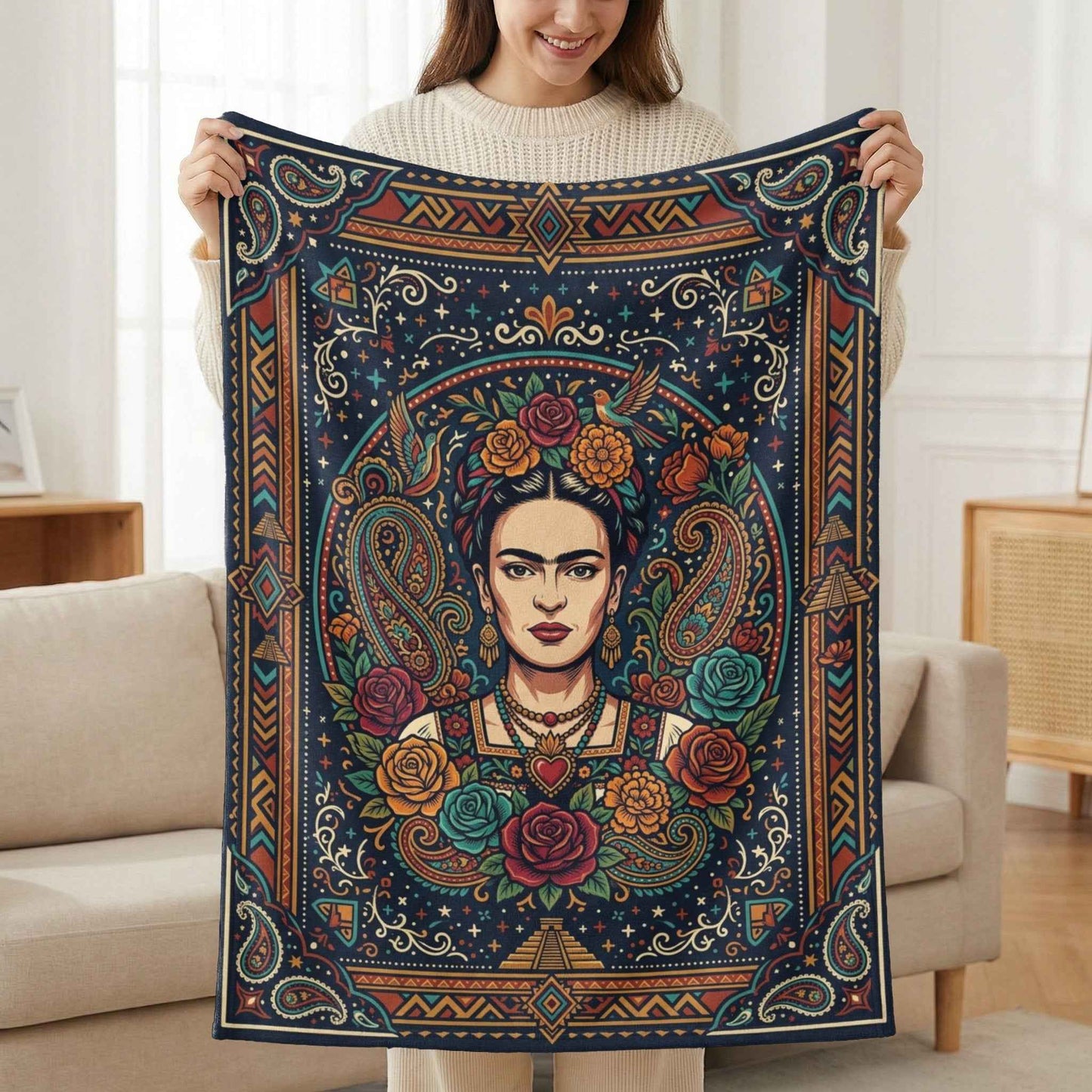 Frida Kahlo Blankets, Mexican Folk Art Floral Throw, Vibrant Iconic Artist Blanket, Cultural Decor, Aztec Paisley Home Blankets