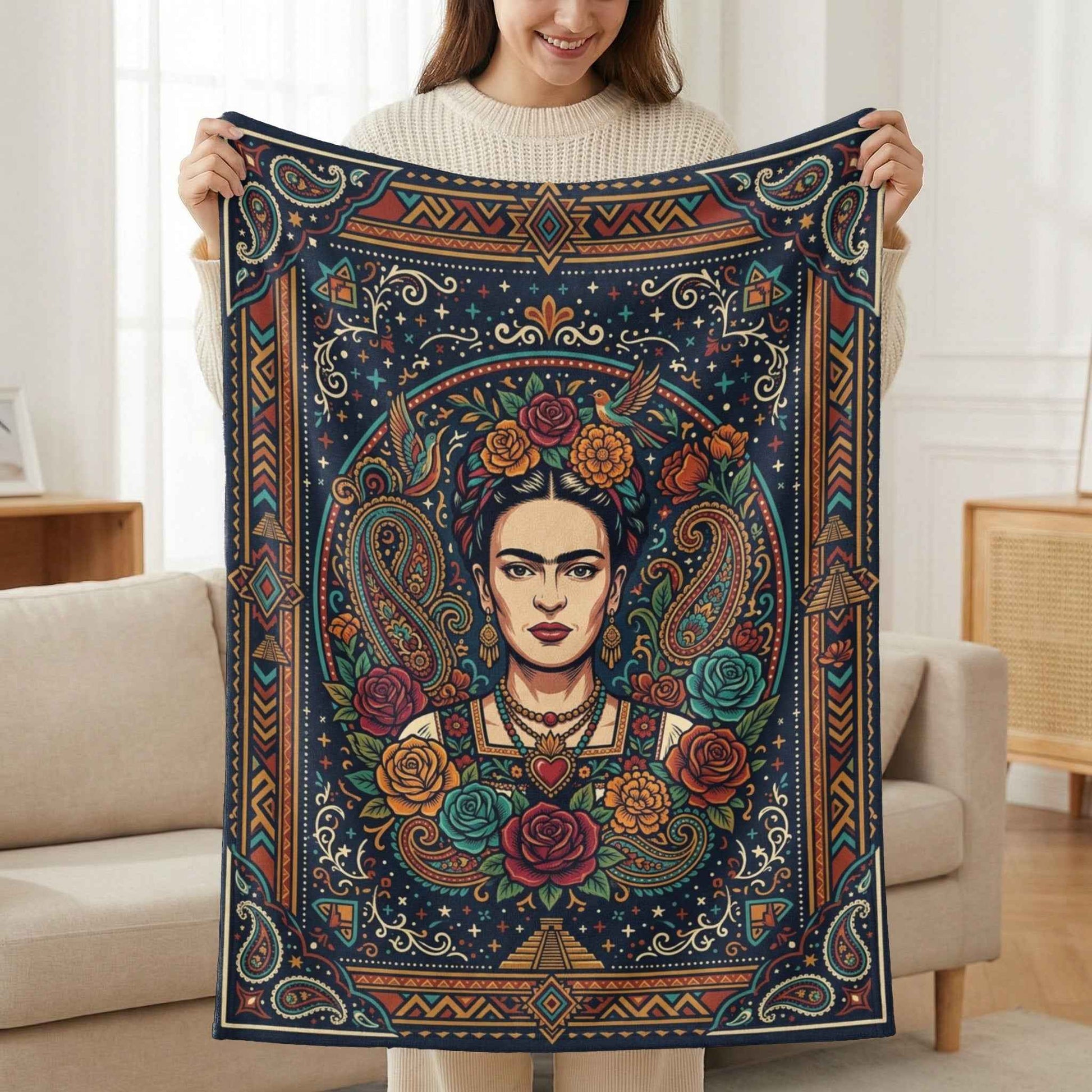 Frida Kahlo Blankets, Mexican Folk Art Floral Throw, Vibrant Iconic Artist Blanket, Cultural Decor, Aztec Paisley Home Blankets