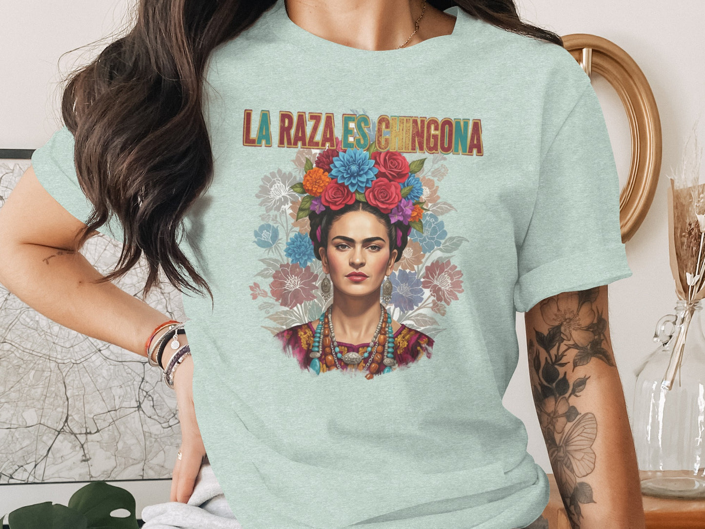 La Raza Es Chingona Floral Portrait T-shirt