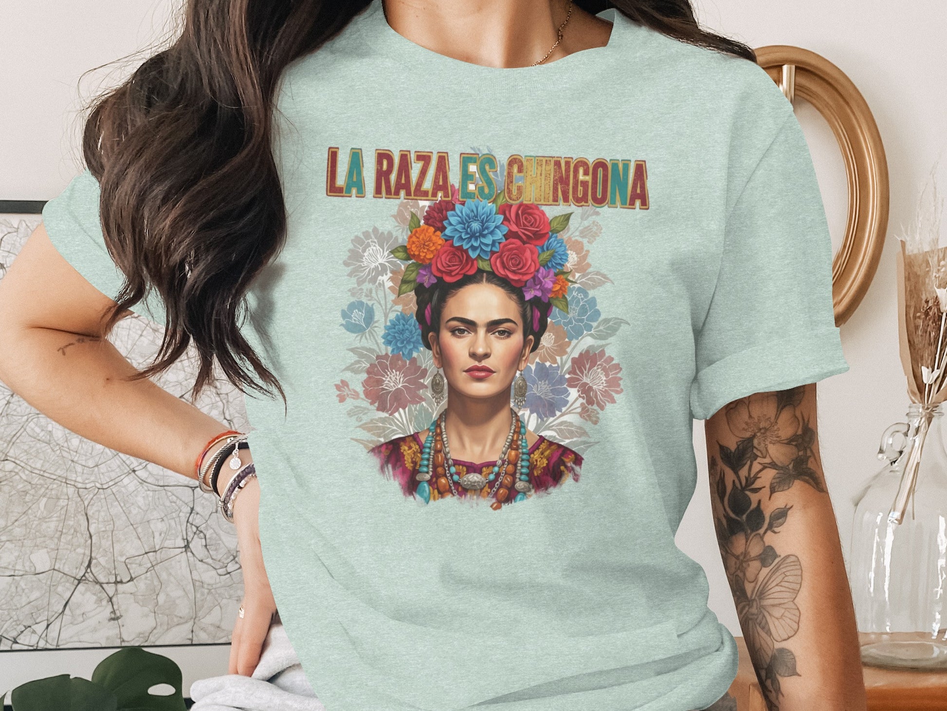 La Raza Es Chingona Floral Portrait T-shirt