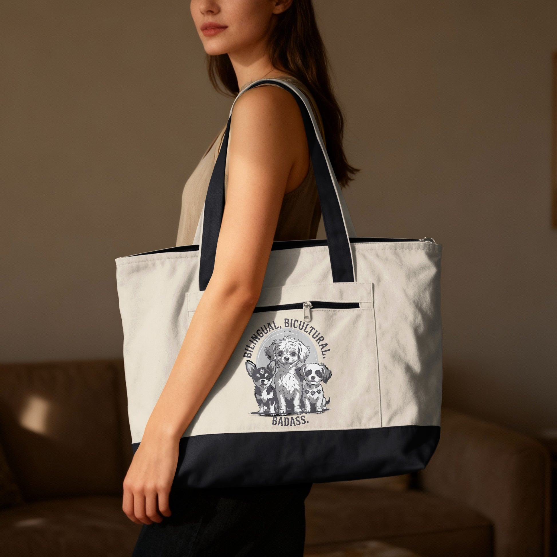 Canvas tote bag featuring three dogs and the text "Bilingual. Bicultural. Badass."