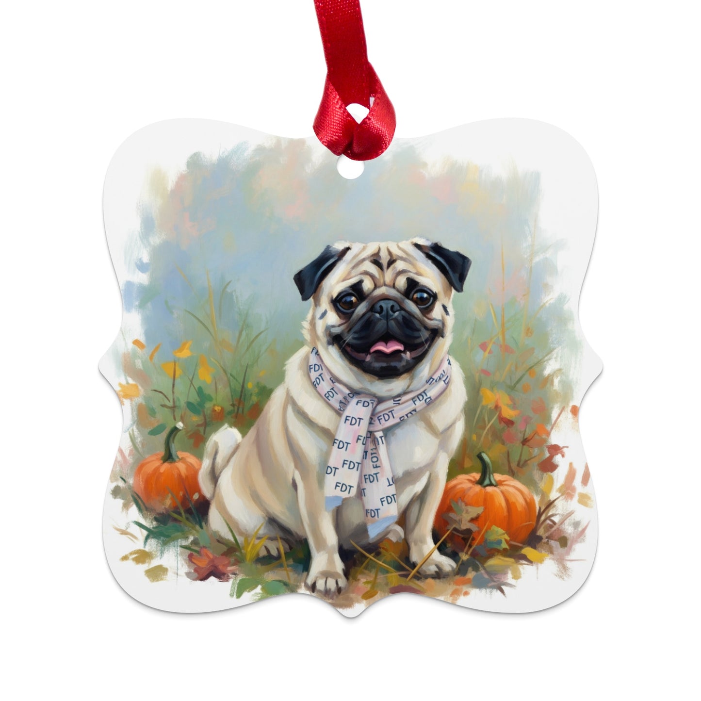 Cute Pug with Scarf and Pumpkins Artisan Ornament