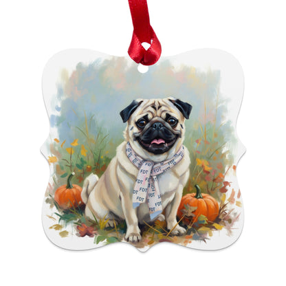 Cute Pug with Scarf and Pumpkins Artisan Ornament