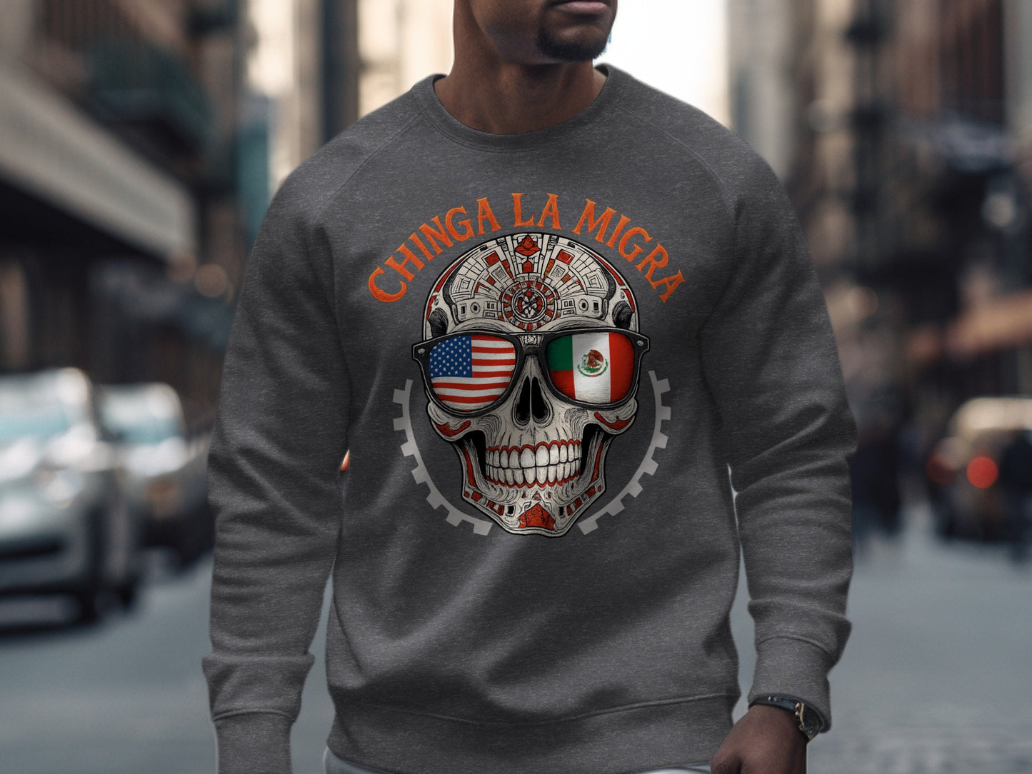 Chinga La Migra Skull with Flags Design sweatshirt