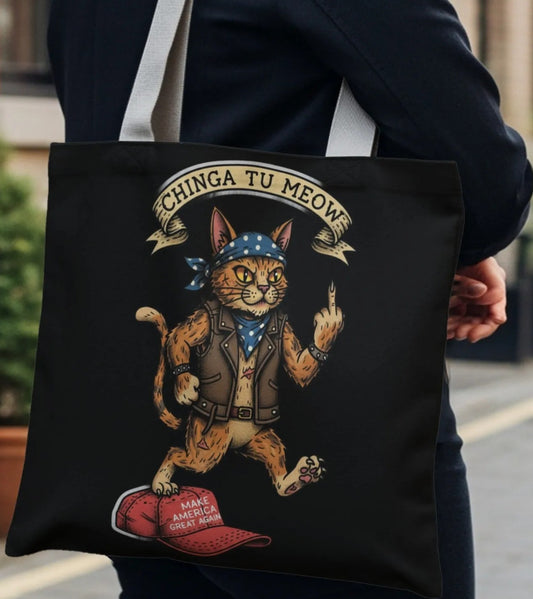 Black tote bag with a cat wearing a bandana, jacket, and a "Make America Great Again" hat.