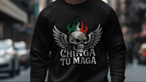 A person wearing a black sweatshirt with a graphic design featuring a skull with wings and the text "CHINGA TU MAGA" printed on it.